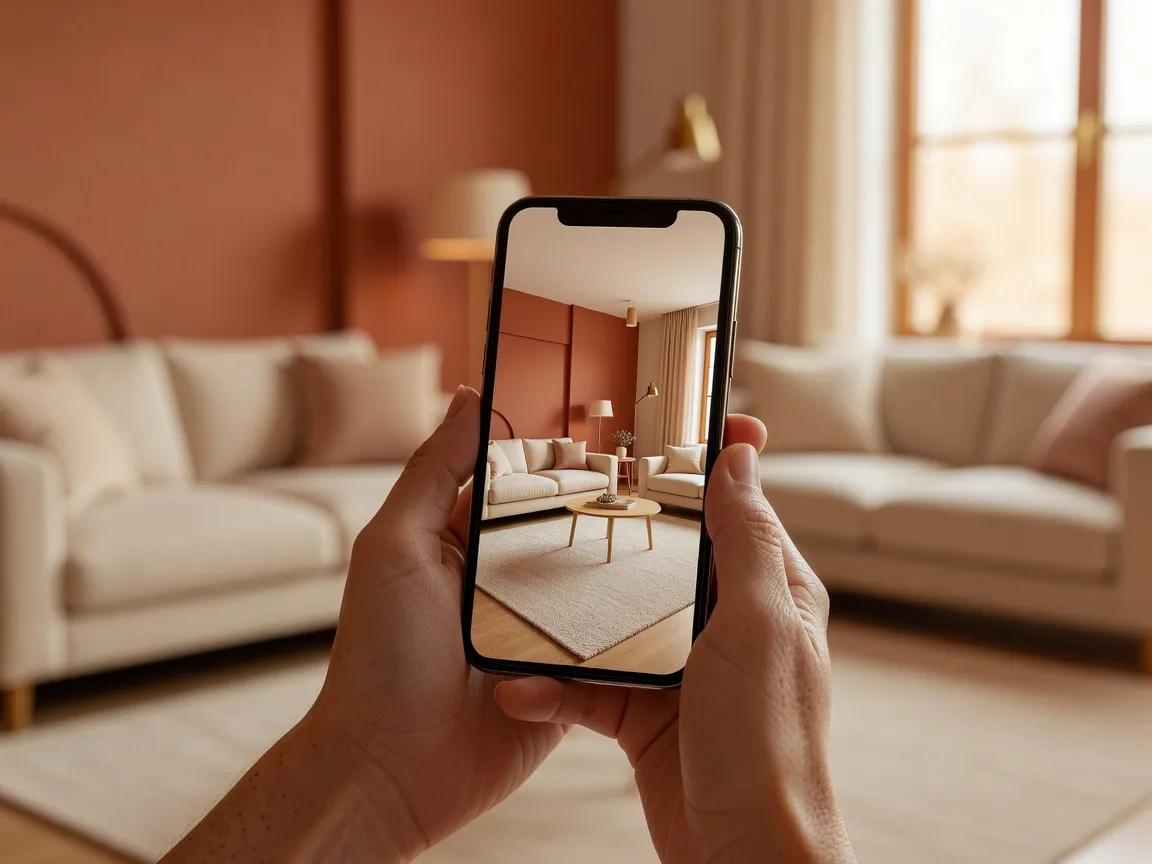 Person viewing an AI-redesigned room photo on a smartphone, illustrating how the best AI interior design app works from any real space