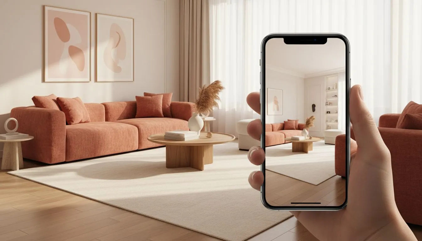 Ein hochgehaltenes iPhone in einem hellen Wohnzimmer, die Kamera auf den Raum gerichtet, zeigt ein KI-generiertes Redesign des Raums auf dem Bildschirm