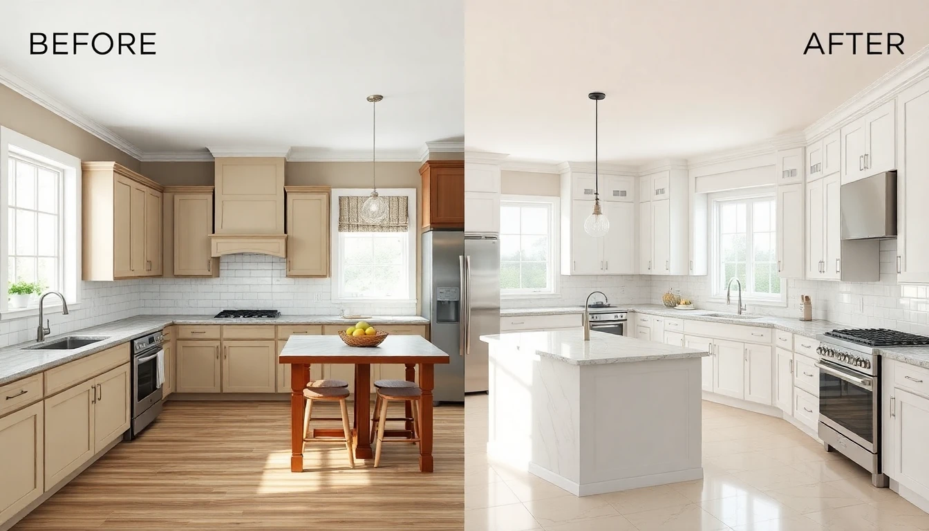 AI remodel kitchen before and after showing outdated kitchen transformed to modern design