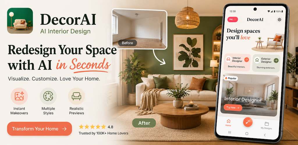 تطبيق DecorAI للتصميم الداخلي بالذكاء الاصطناعي - أعد تصميم مساحتك بالذكاء الاصطناعي في ثوانٍ، تحويل غرفة معيشة قبل وبعد بتقييم 4.8 نجوم من أكثر من 100,000 مستخدم