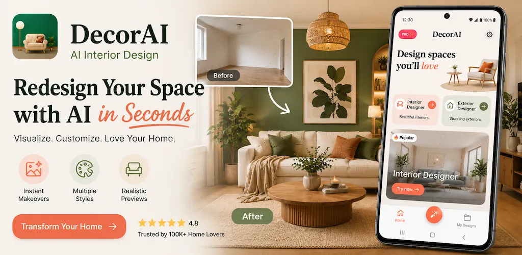 DecorAI KI Innenarchitektur-App - gestalte deinen Raum mit KI in Sekunden, Vorher-Nachher-Verwandlung eines Wohnzimmers, mit 4,8 Sternen von über 100.000 Nutzern bewertet