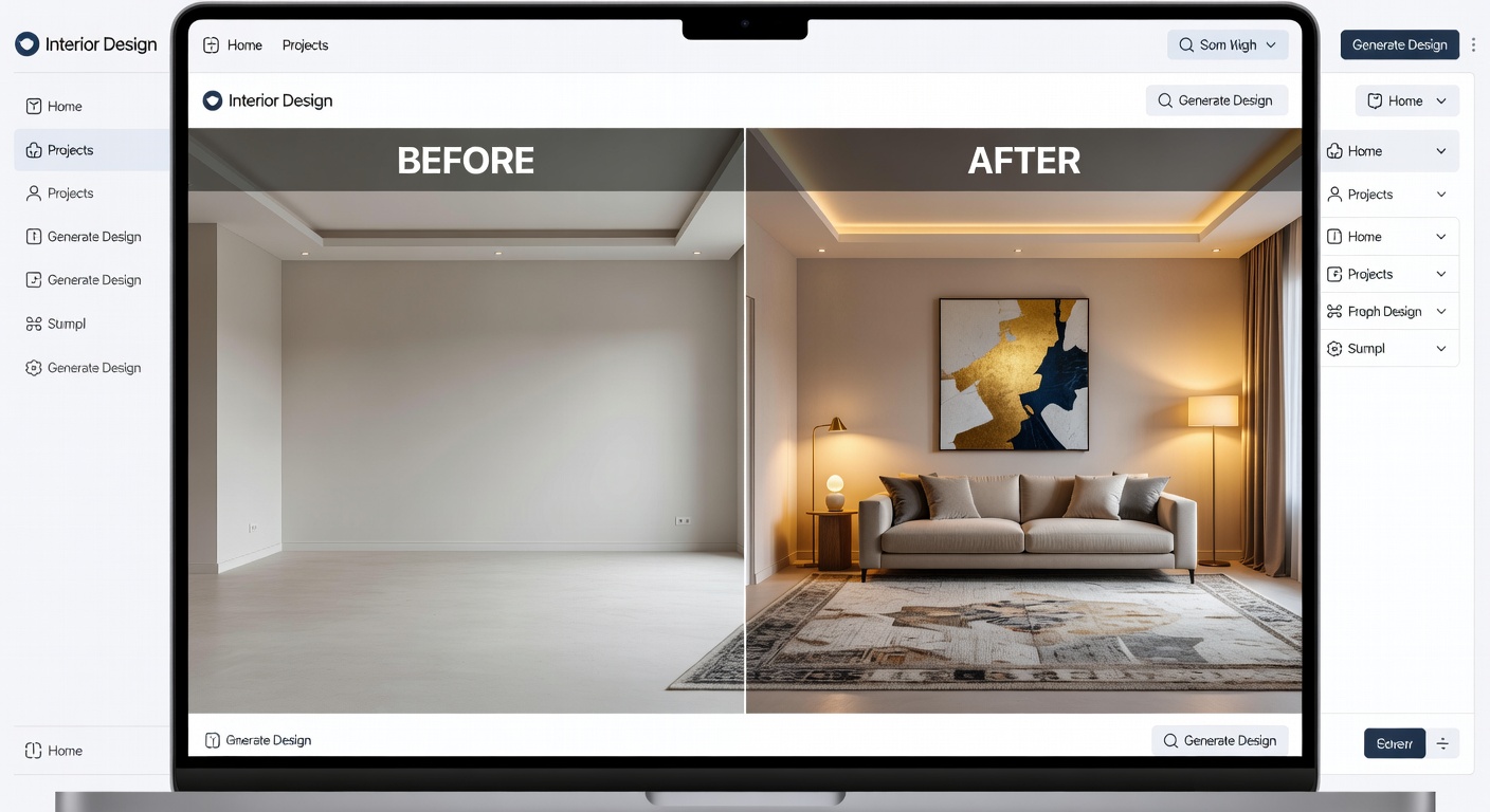 Browser window showing a before and after living room redesign on the DecorAI AI interior design website