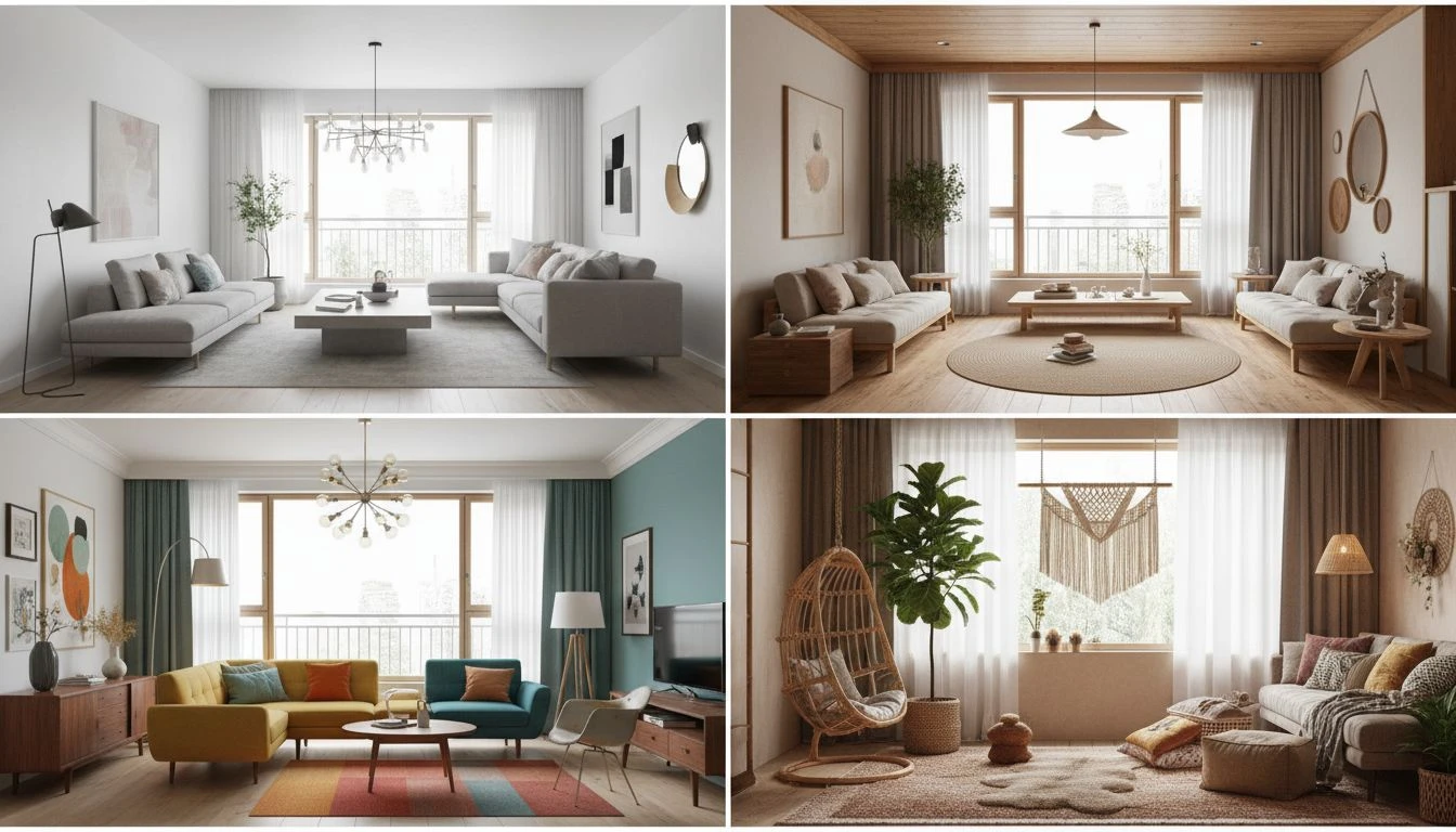 Best AI interior design app showing four style variations of the same living room — modern, Japandi, mid-century, and bohemian