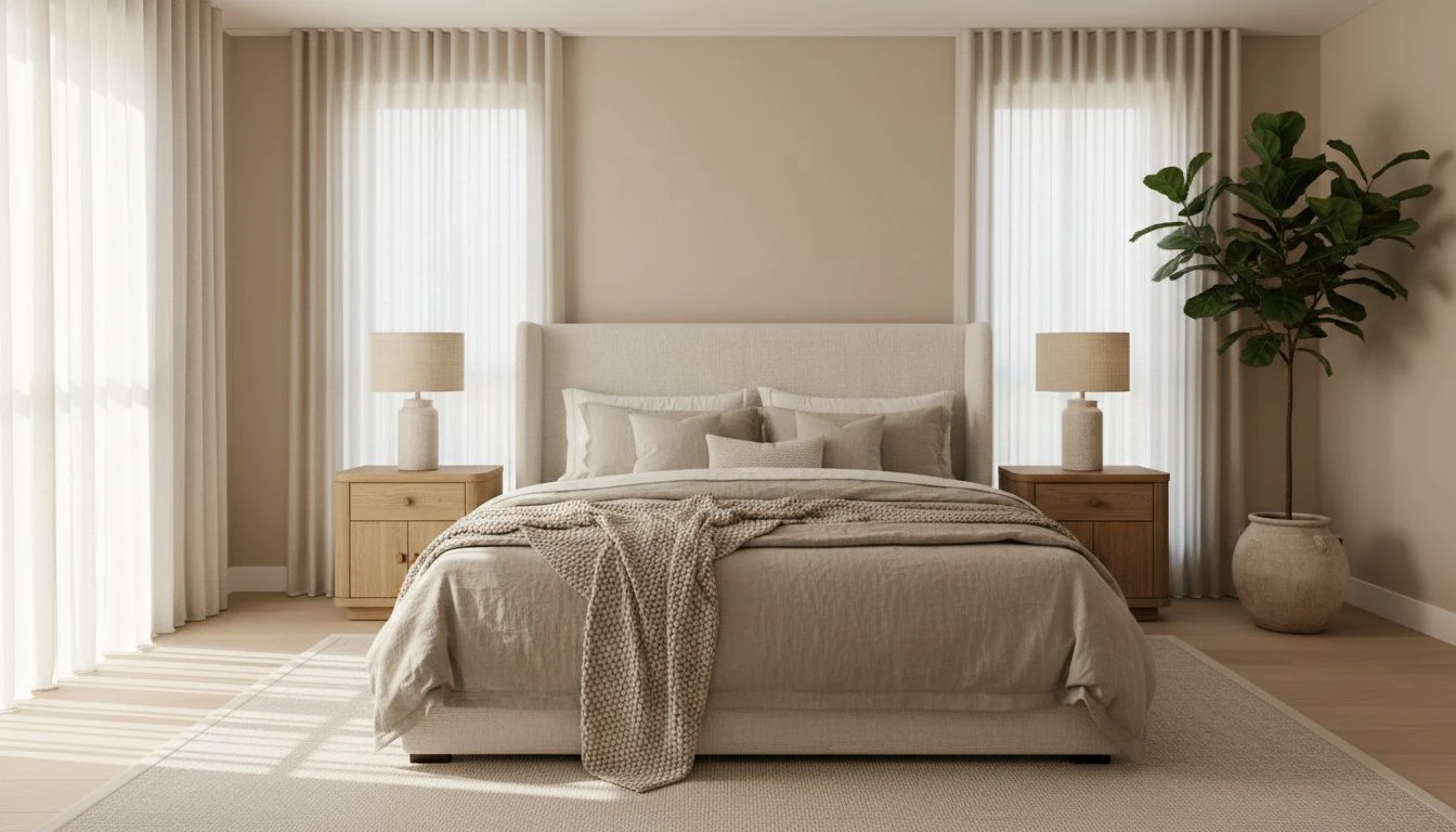 Free AI design app result showing a cozy modern bedroom with warm neutral palette, upholstered headboard, and layered linen bedding