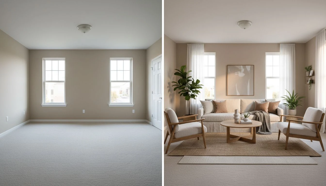 Free AI interior design app before and after showing a plain beige living room transformed into a styled modern Scandinavian space