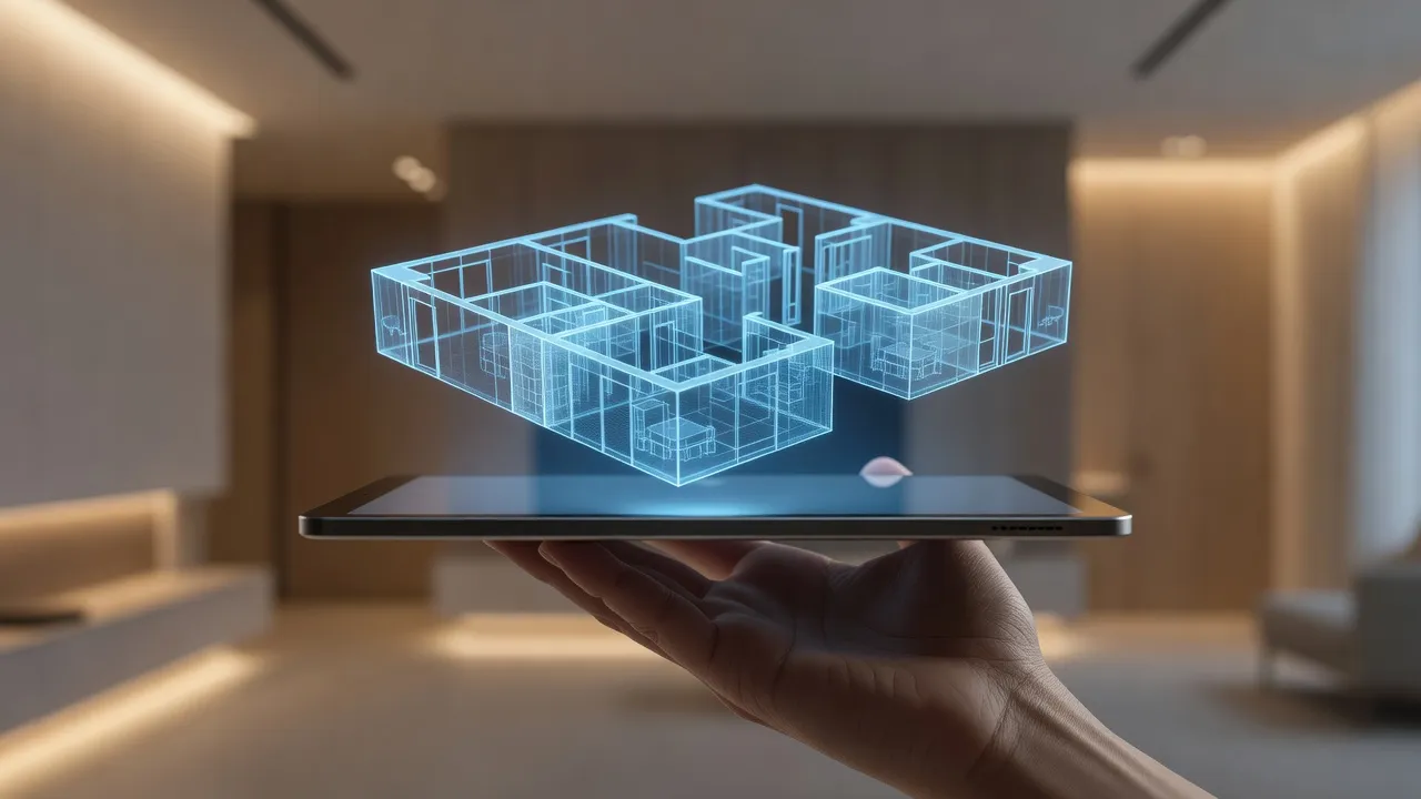 Ein Tablet zeigt einen abstrakten holografischen 3D-Grundriss einer Wohnung, der über dem Bildschirm schwebt, und veranschaulicht, wie aus einem LiDAR-Scan ein bearbeitbarer Grundriss wird