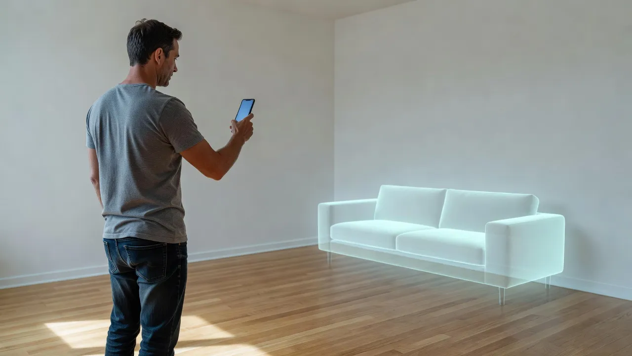 Ein Mann richtet ein Smartphone auf eine leere, sonnendurchflutete Zimmerecke, in der ein halbtransparentes Sofa als Augmented-Reality-Möbelvorschau in Originalgröße erscheint