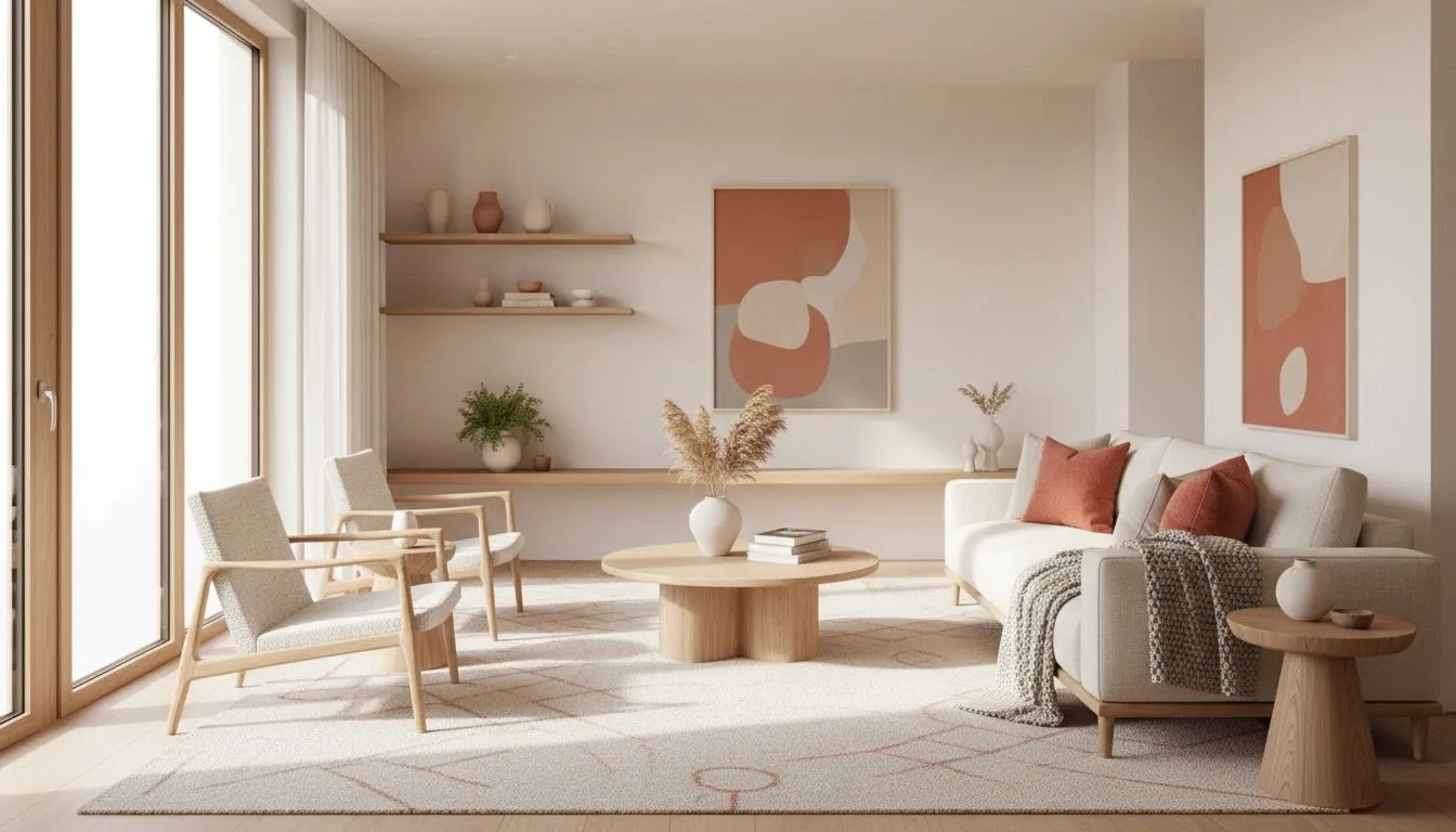 A bright, photorealistic living room redesign generated on a phone screen by an AI interior design app, shown as an alternative to RoomGPT