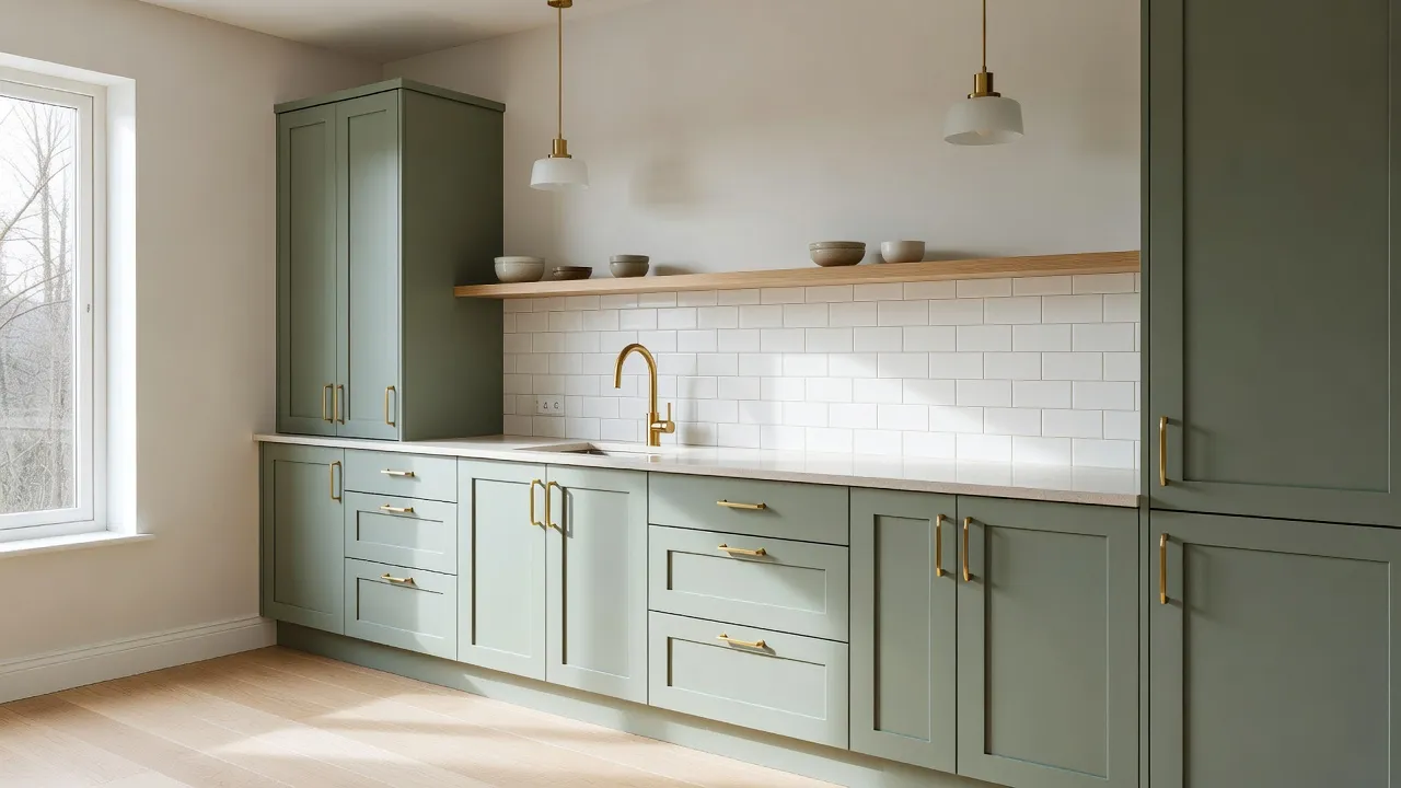 Een verbouwde keuken met saliegroene shakerkastjes, een lichtstenen aanrechtblad, messing handgrepen, een witte tegelachterwand en een lichte eikenhouten vloer