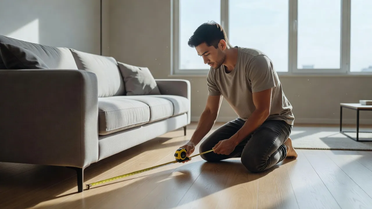 A person kneeling beside a sofa with a tape measure, checking furniture clearance and traffic flow in a bright living room before rearranging it