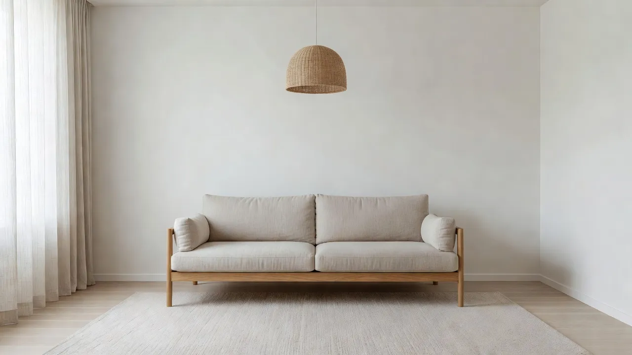 A calm, minimalist Scandinavian living room with light oak furniture, a neutral wool rug and soft natural light, illustrating a style-specific design question