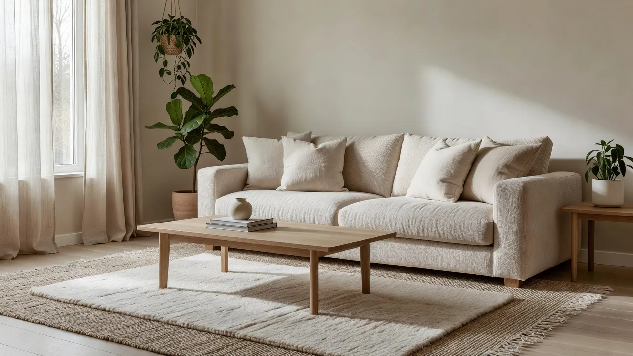 ユーザーがDecorAIコミュニティフィードに公開する、他のユーザーが閲覧できるようなフォトリアルでスタイリングされたリビングルームのデザイン