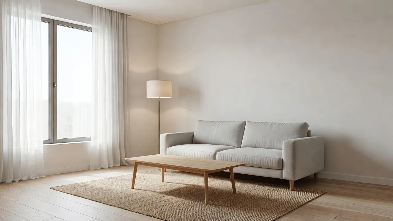 Ruang tamu terang dengan staging netral berisi sofa abu-abu muda, meja kopi kayu oak, dan karpet rami, bergaya foto listing properti