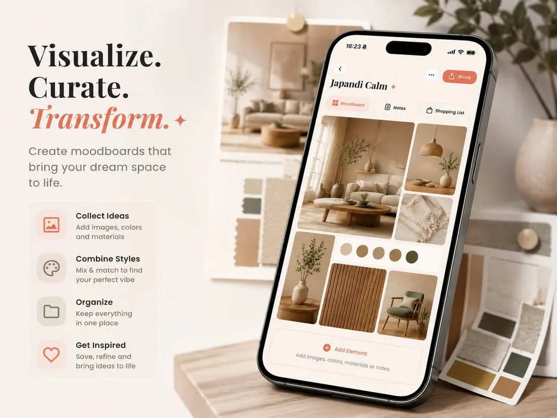 DecorAI Moodboard-App auf einem Smartphone mit einem „Japandi Calm