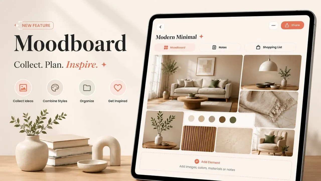 DecorAI Moodboards-Funktion auf einem Tablet, mit der Collage eines „Modern Minimal