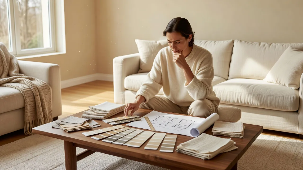 A homeowner at a coffee table covered in paint swatches and fabric samples, reviewing a room renovation plan on a tablet in a bright, styled living room