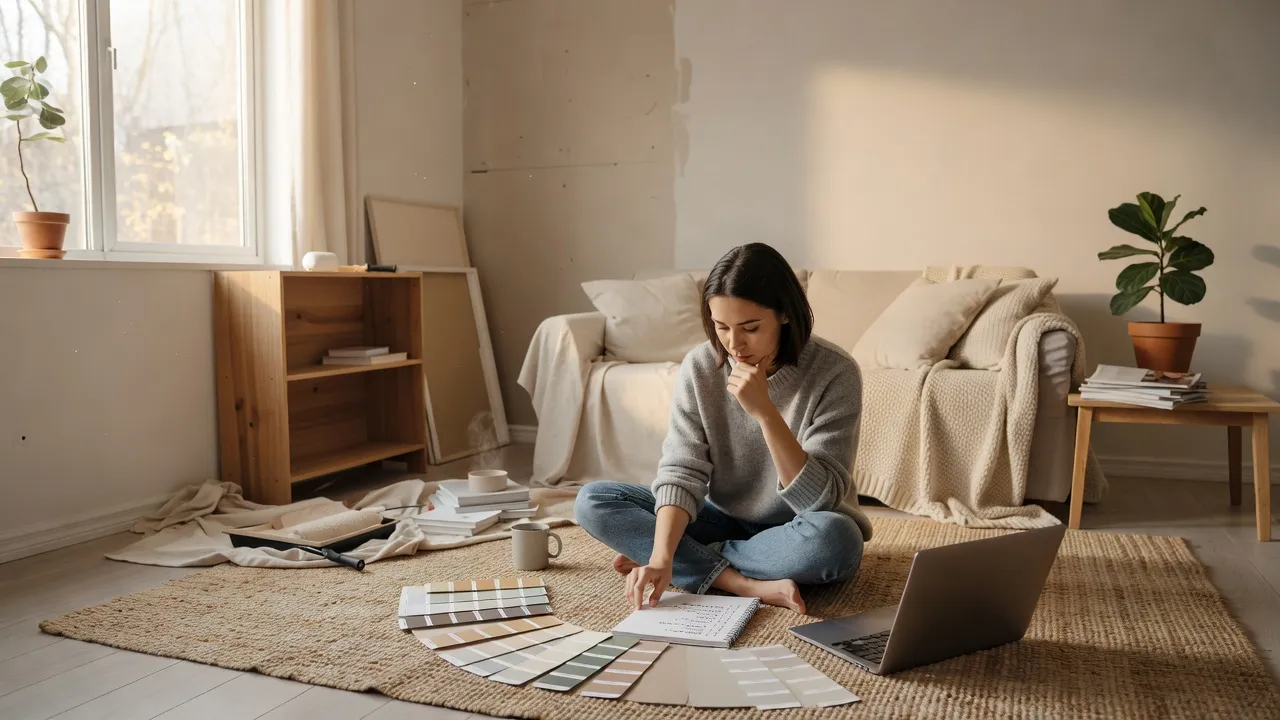 A person sitting on the floor of a partially finished living room, surrounded by a laptop, a printed checklist and paint swatches, planning the next stage of a room renovation