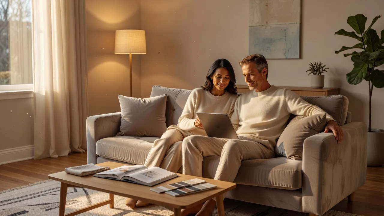Two people sitting together on a sofa, reviewing a tablet showing a room design plan and comparing options, in a warmly lit living room