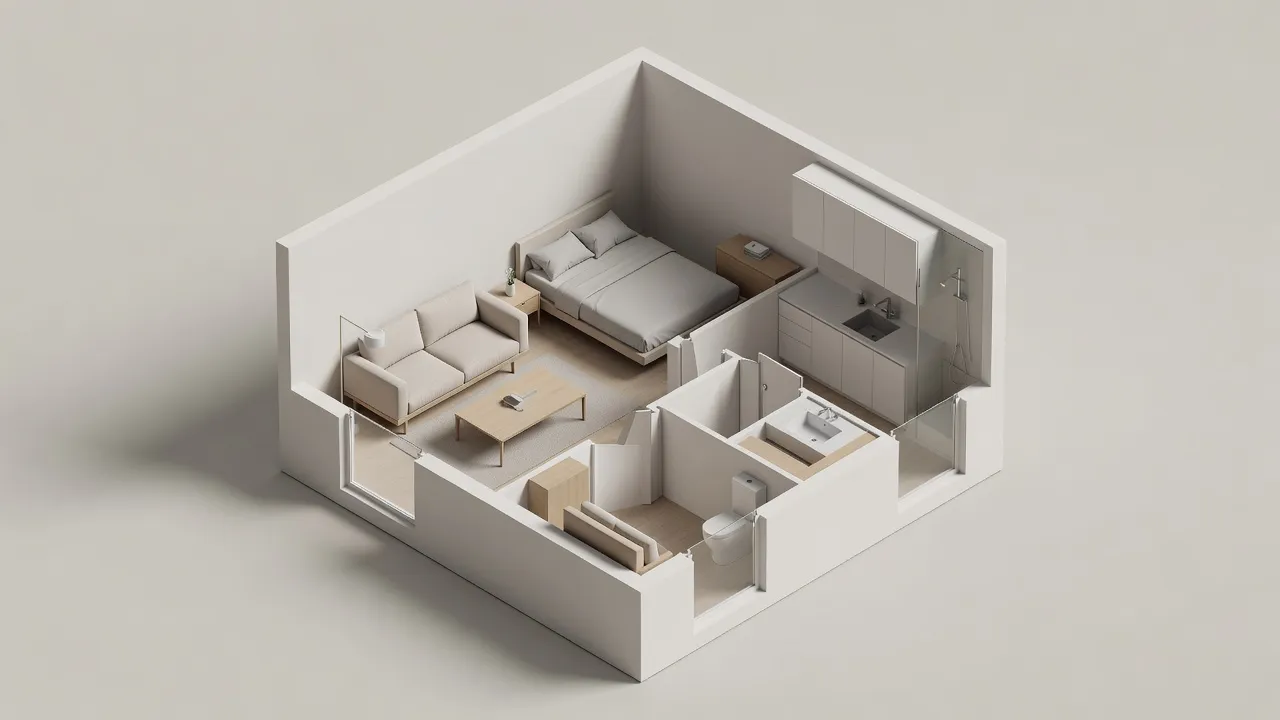 An isometric cutaway 3D model of a small apartment with furnished rooms, illustrating from-scratch floor planning and 3D modelling