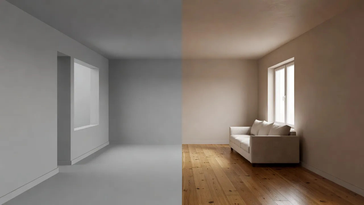 The same room shown twice — as a plain grey 3D architectural model on the left and as a warm photorealistic finished interior on the right — illustrating a DecorAI vs Planner 5D comparison