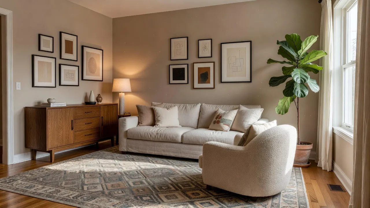 A warm, fully furnished photorealistic living room with a linen sofa, boucle armchair, rug and plant, photographed at eye level like a real room