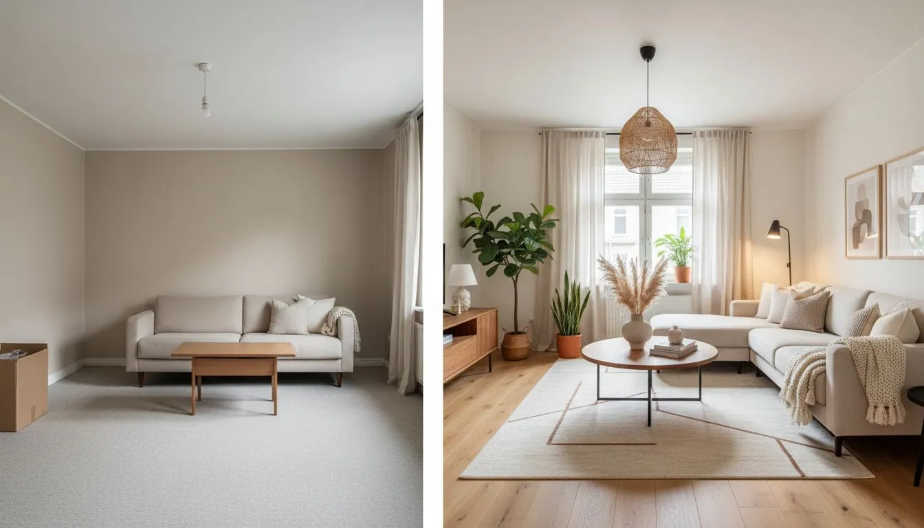 Split-screen before and after of a living room redesigned by an AI app, illustrating a DecorAI vs RoomGPT comparison