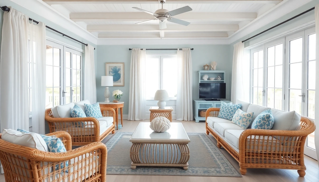 AI decoration app free result showing coastal living room redesign with light blue tones