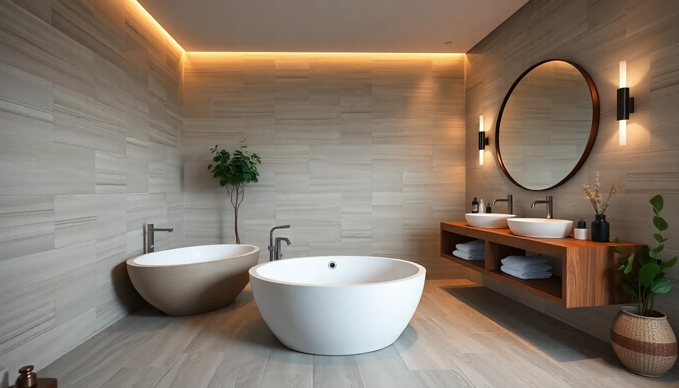 AI remodel free tool showing spa-style bathroom with freestanding tub and natural stone