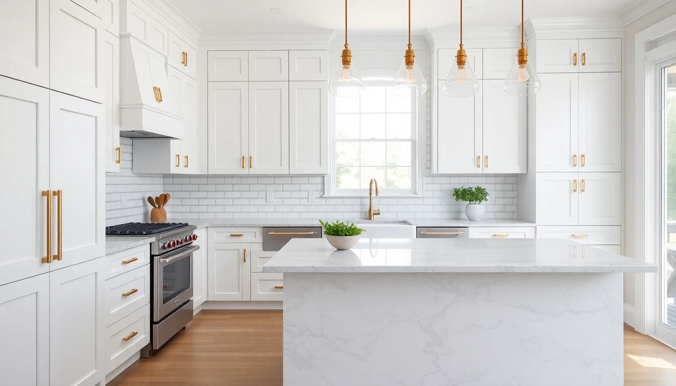 AI room decorating app kitchen design with white cabinets and marble waterfall island