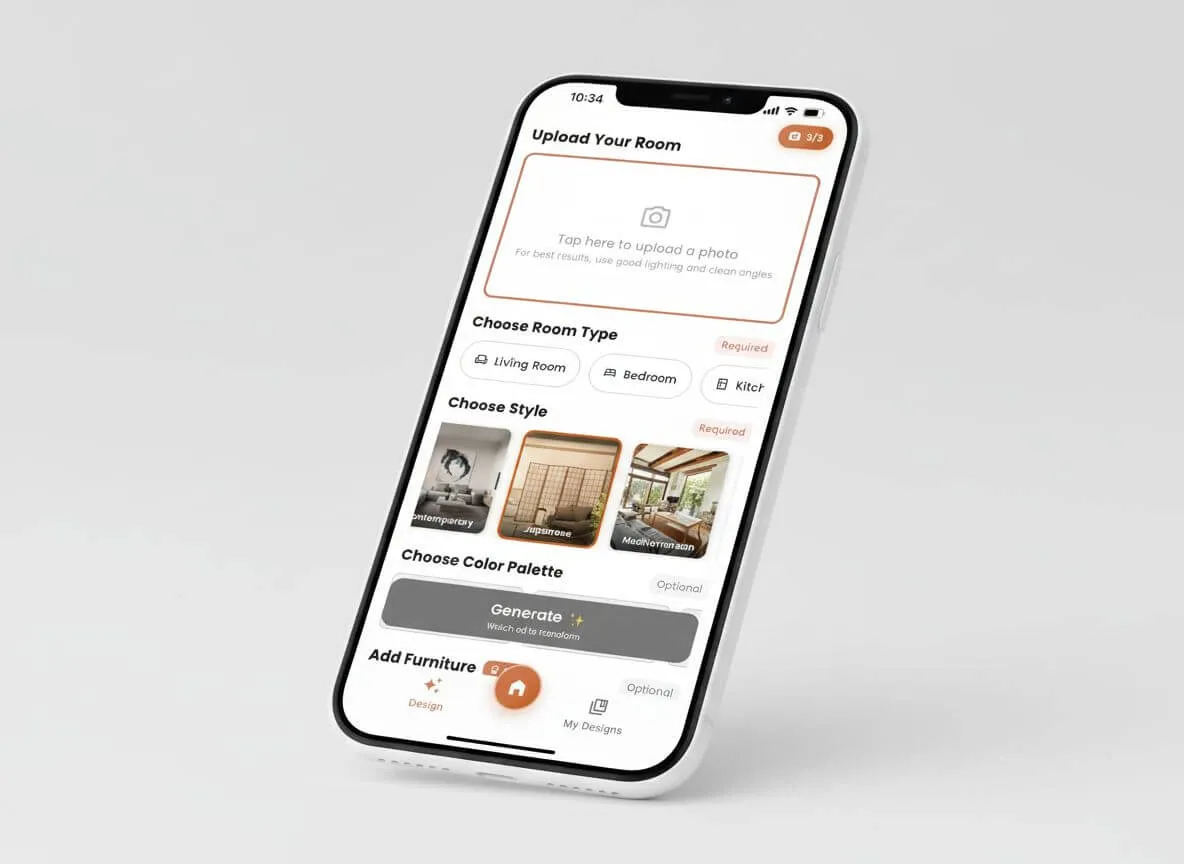 Screenshot of DecorAI app interface showing free tier features and daily generation limits with user-friendly design