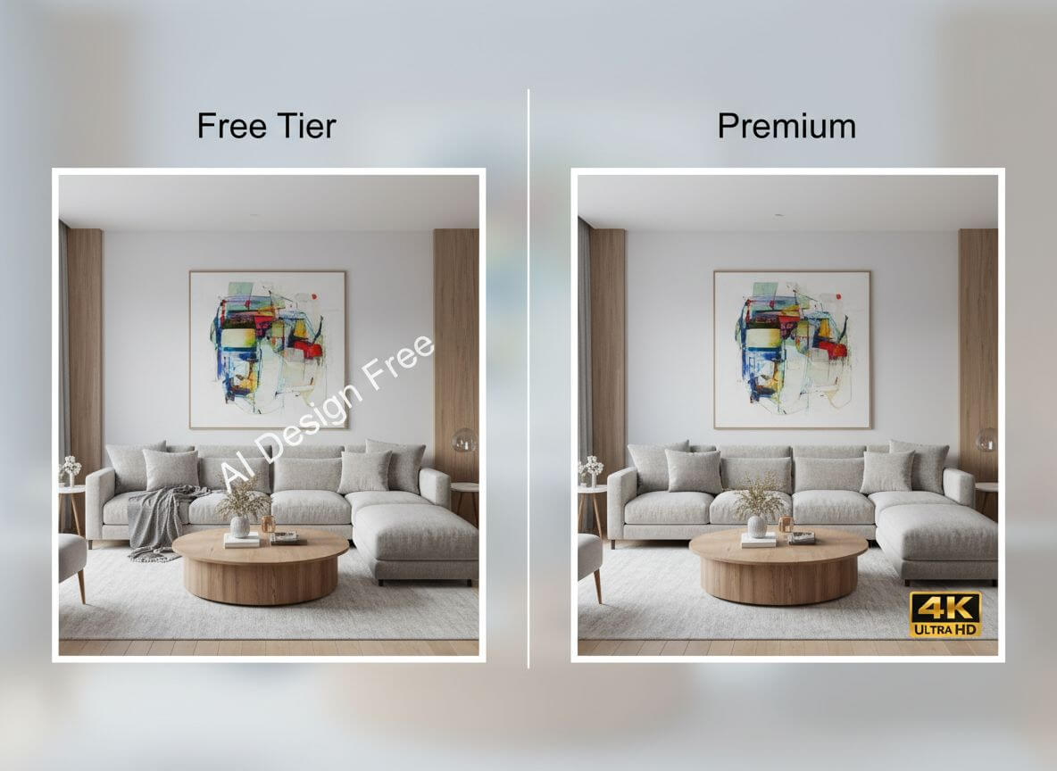 Side by side comparison showing free tier AI design output versus premium tier with higher resolution and no watermark