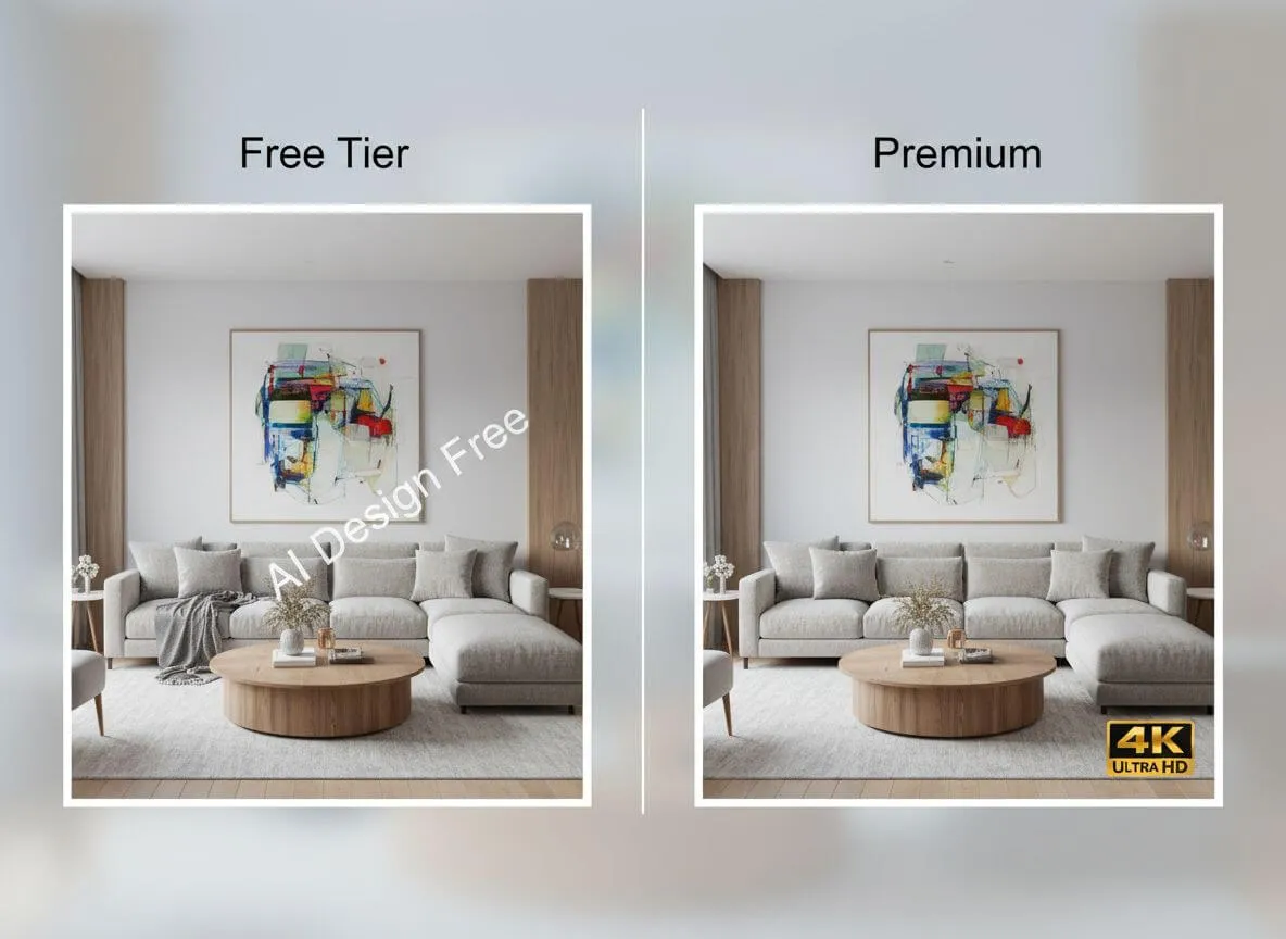 Side by side comparison showing free tier AI design output versus premium tier with higher resolution and no watermark