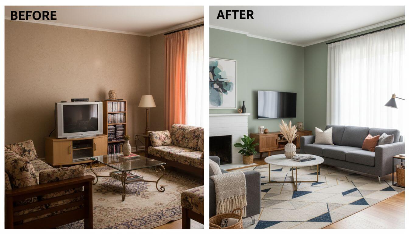 Stunning before and after room transformation created using free AI interior design tools showing outdated room converted to modern space