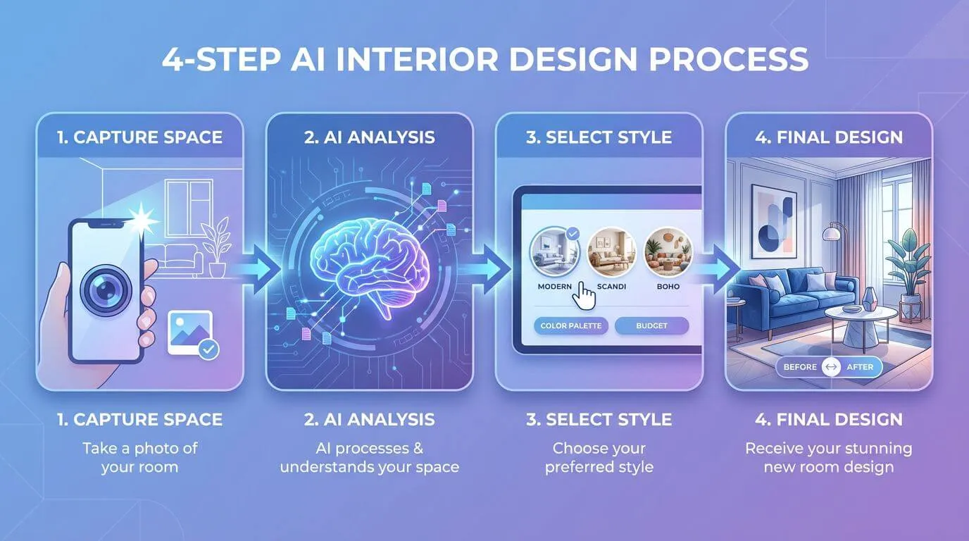 Visual diagram showing how AI interior design works from photo upload through AI processing to final rendered design