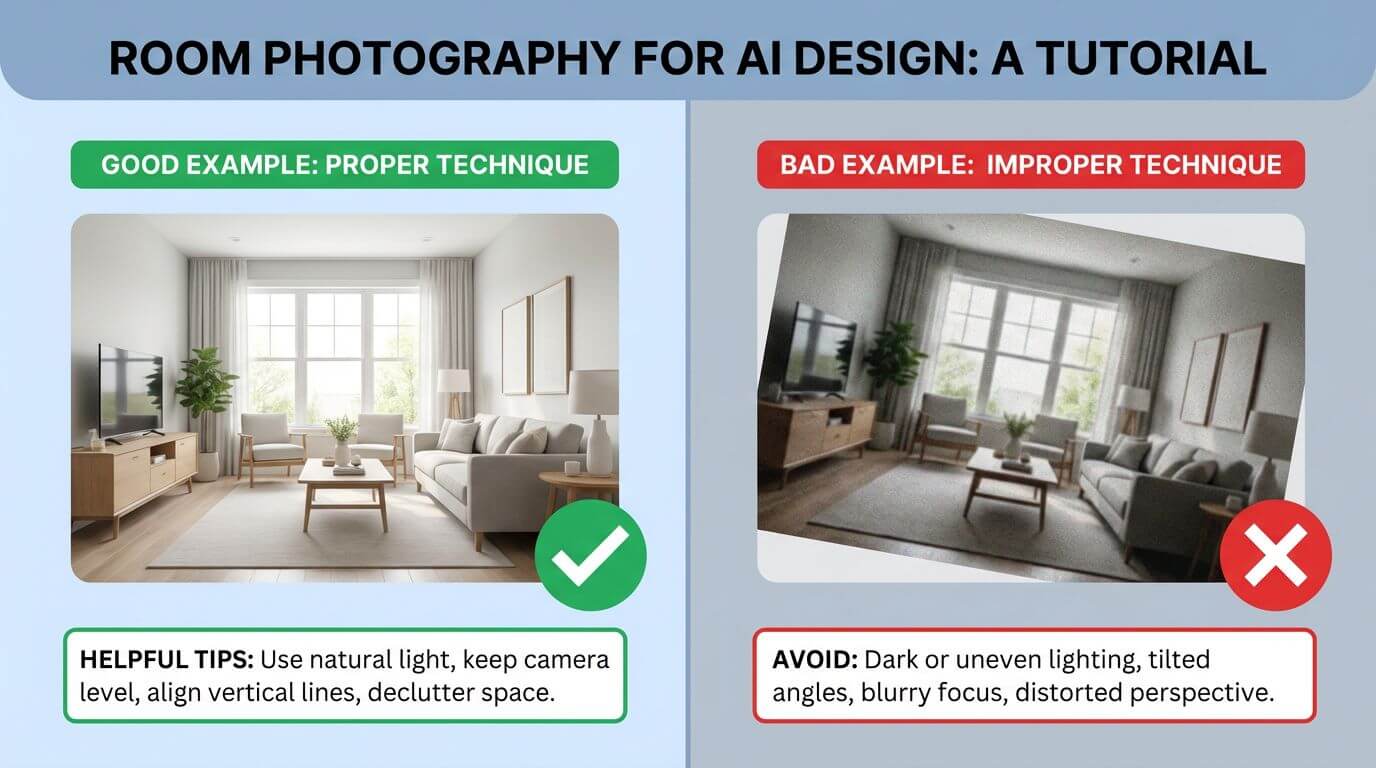 Guide showing proper photo techniques for best AI design results including lighting angles and framing tips