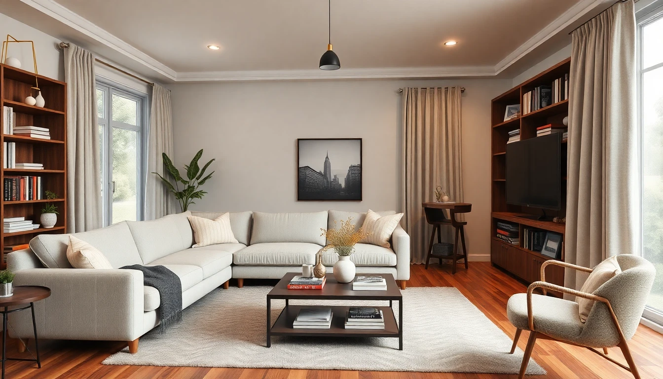 Dedicated AI interior design app showing a realistic modern living room transformation with fresh furniture and warm ambient lighting