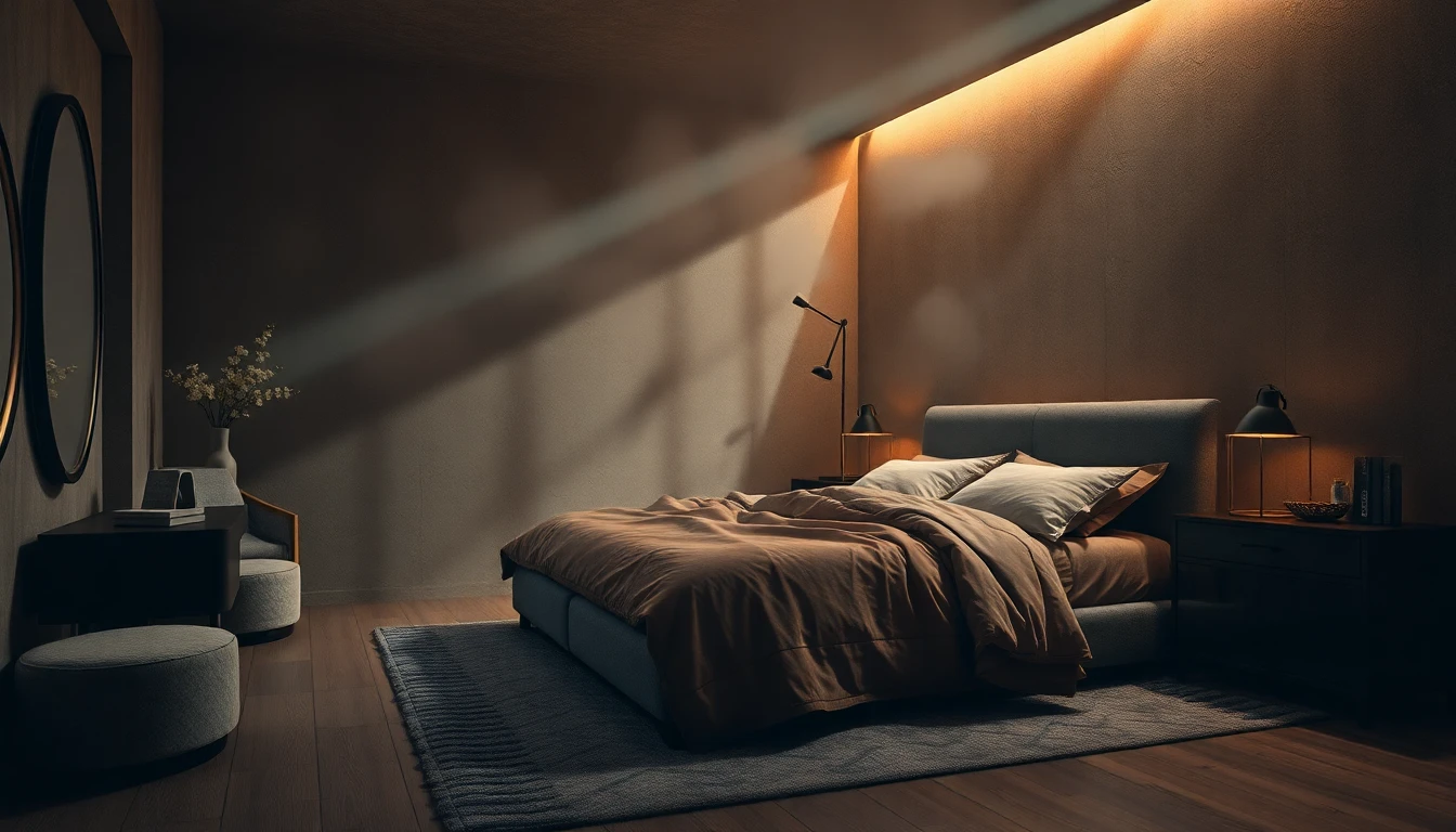 General AI art tool rendering of a surreal dreamy bedroom with dramatic moody lighting and impractical styling