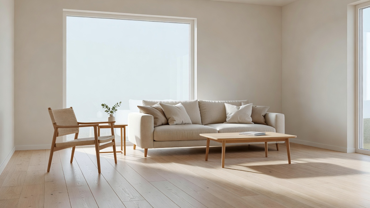 Realistic AI interior design redesign of a Scandinavian living room with accurate furniture placement, light oak floor, and natural window light