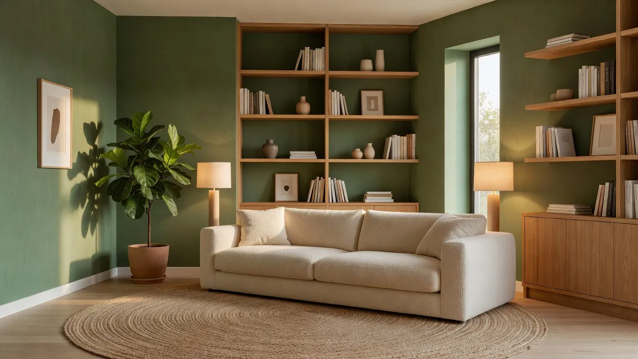 En fotorealistisk stue med en salviegrøn accentvæg, indbyggede egetræshylder, en cremefarvet bouclé-sofa, et rundt jutetæppe og en stor plante, redesignet med AI