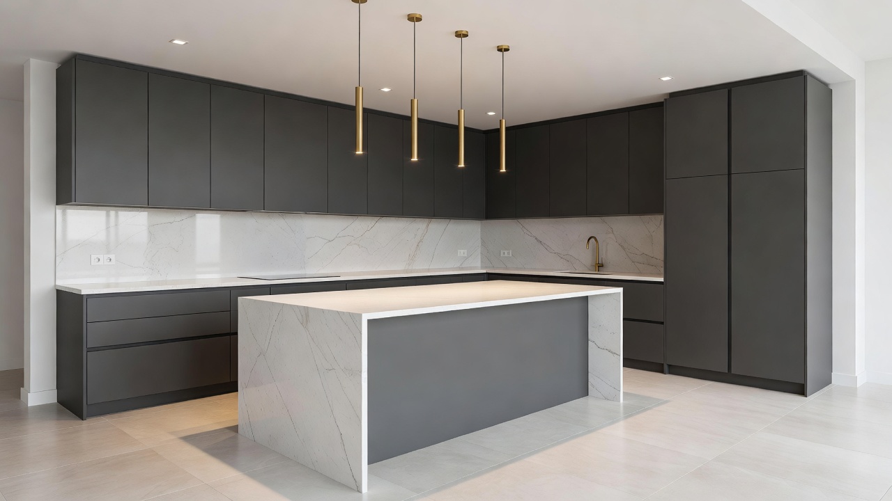 A photorealistic AI-generated kitchen redesign with island, warm lighting, and matte cabinetry