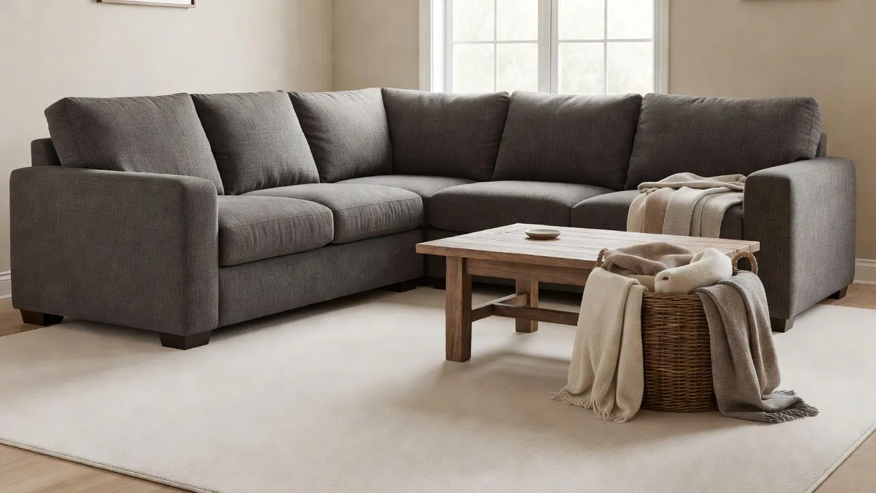 Un gran sofá rinconero gris carbón de tejido texturizado con una alfombra lavable color crema, una mesa de centro rústica de madera y una cesta de mantas en un cálido salón familiar
