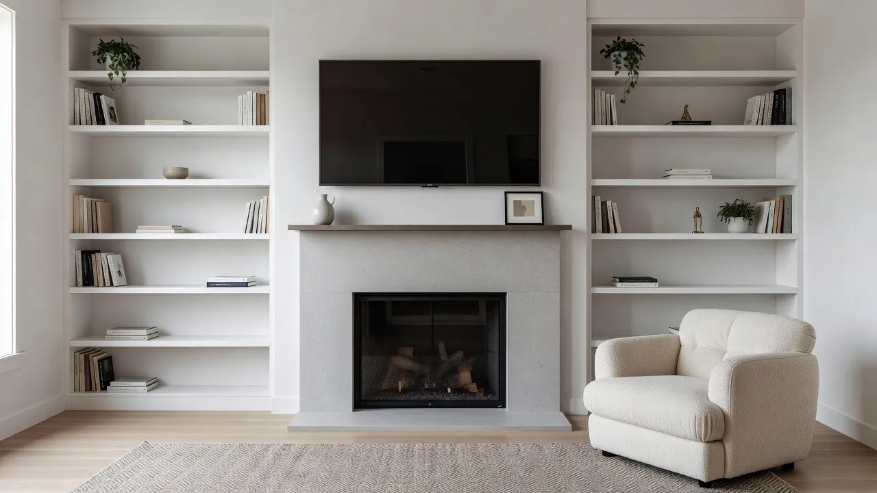 Uma lareira moderna com uma televisão fixa à parede por cima de uma cornija fina, ladeada por estantes embutidas brancas com livros e plantas, uma poltrona em bouclé e um tapete tecido