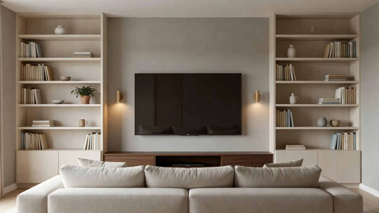 Uma parede de TV fotorrealista em uma sala de estar, com televisão fixada na parede entre estantes embutidas cor creme, um rack de madeira e duas arandelas de latão, projetada com IA