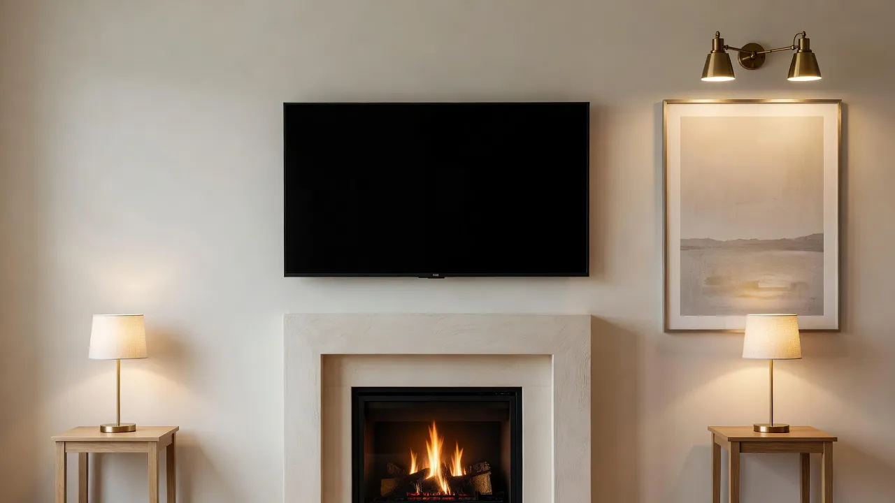 Uma parede de sala de estar fotorrealista com uma televisão acima de uma lareira de gesso, uma gravura emoldurada com iluminação de quadro em latão e dois abajures em mesas laterais finas