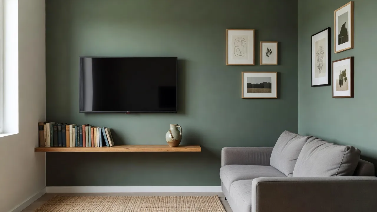 Uma sala de estar pequena e fotorrealista com uma TV em uma parede verde-sálvia, uma prateleira flutuante de carvalho com livros e um vaso, um grupo de gravuras emolduradas e um sofá cinza compacto