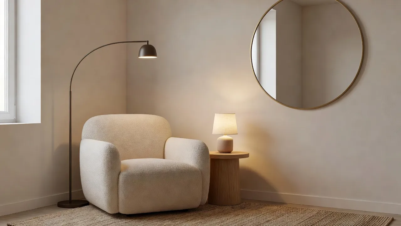 Een fotorealistische leeshoek met een crème bouclé fauteuil, een booglamp, een kleine tafellamp, een ronde spiegel en warme neutrale muren