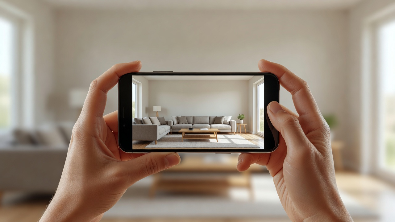 Mani che tengono uno smartphone inquadrando un intero soggiorno luminoso da angolo ad angolo all'altezza del petto, il modo giusto di catturare una foto della stanza per il design con IA