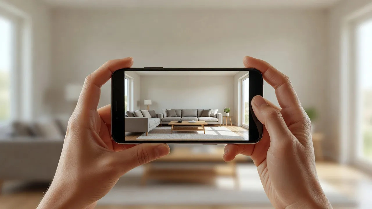 Mani che tengono uno smartphone inquadrando un intero soggiorno luminoso da angolo ad angolo all'altezza del petto, il modo giusto di catturare una foto della stanza per il design con IA