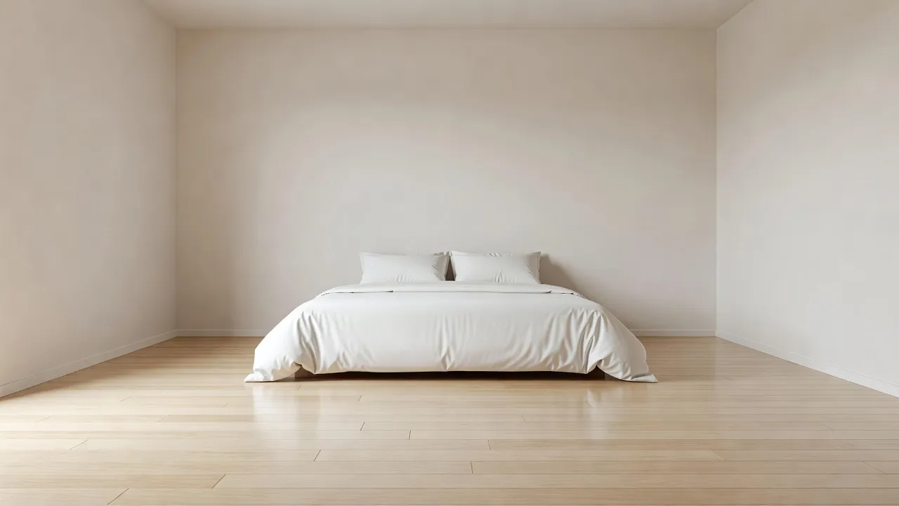 Una stanza luminosa, ordinata e ben illuminata fotografata frontalmente dalla porta con luce naturale uniforme, una foto di riferimento ideale per il design d'interni con IA
