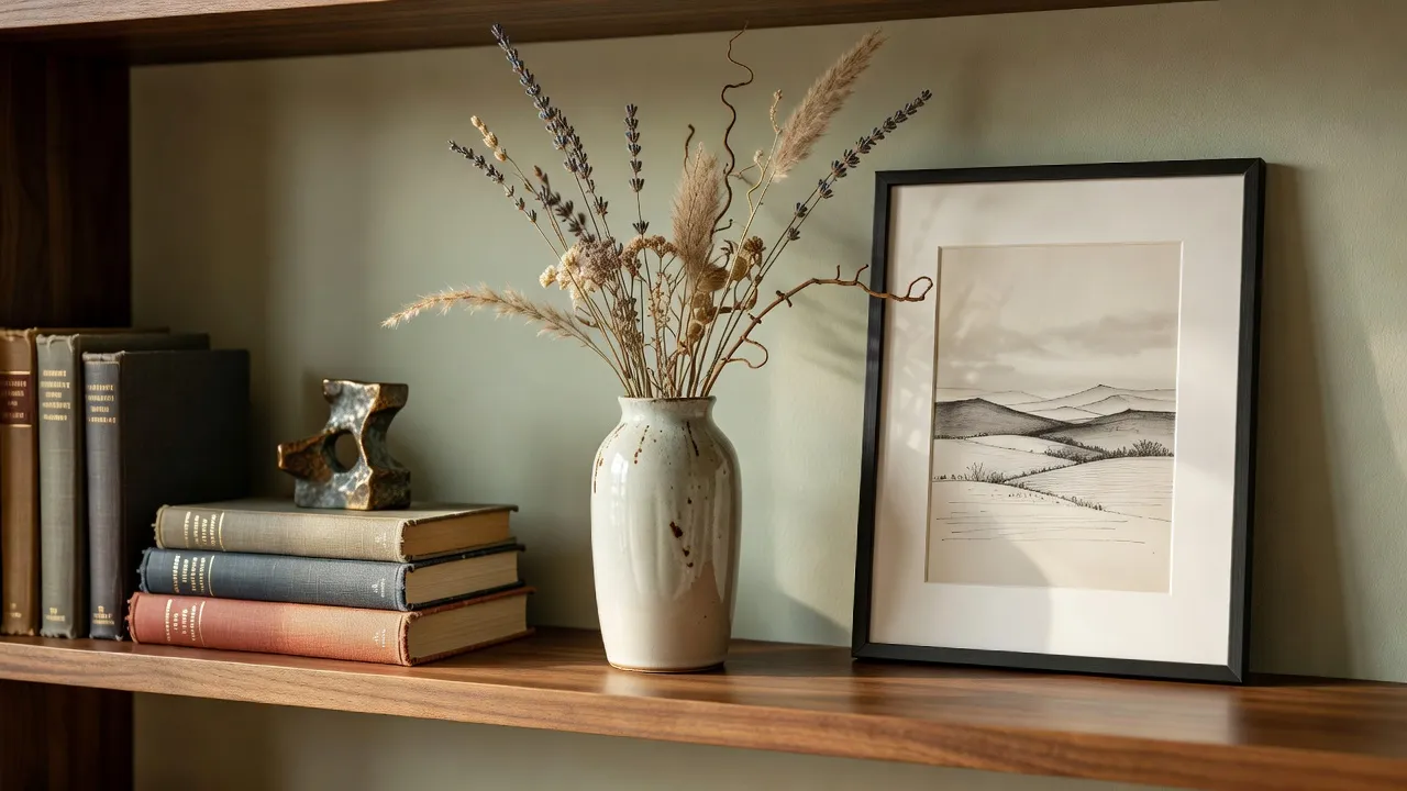 A walnut shelf against a sage green wall with a stack of hardcover books topped by a small sculpture, a glazed ceramic vase with dried stems and a framed landscape print